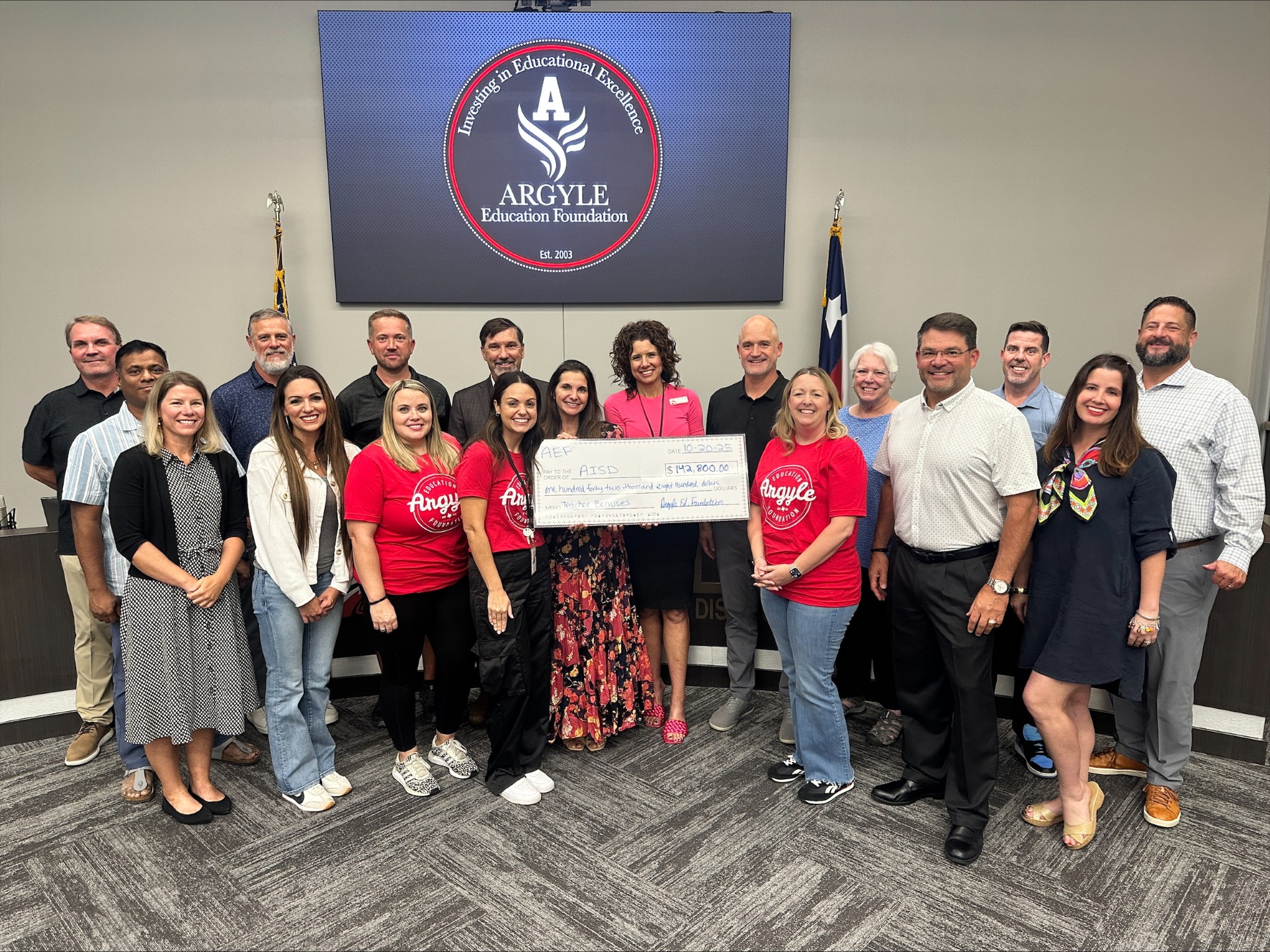 Argyle Education Foundation presenting a $142,800 check to Argyle ISD